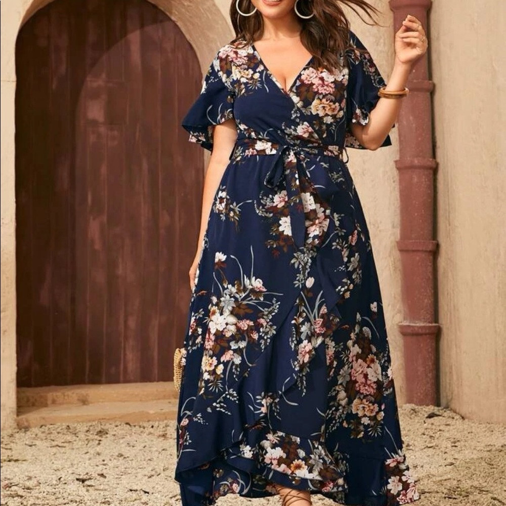 Boho plus size navy blue floral print wrap belted maxi dress